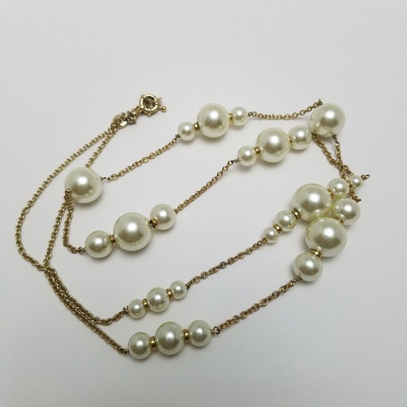 J CREW Faux Pearl Chain Necklace Long Goldtone Boho - Picture 4 of 6